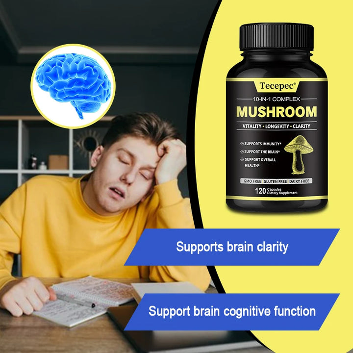 10X Mushroom Supplement - Helps Improve Focus and Memory and Reduce Brain Fog, Relieves Stress, and Increases Energy Levels