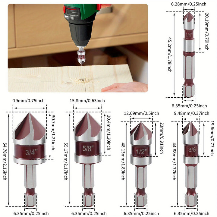 5 Flute Metal M35 Cobalt Countersink Drill Bit Set 82° 5pcs 1/4" Hex Shank Countersunk Bit Set 1/4” 3/8” 1/2” 5/8 With Holder