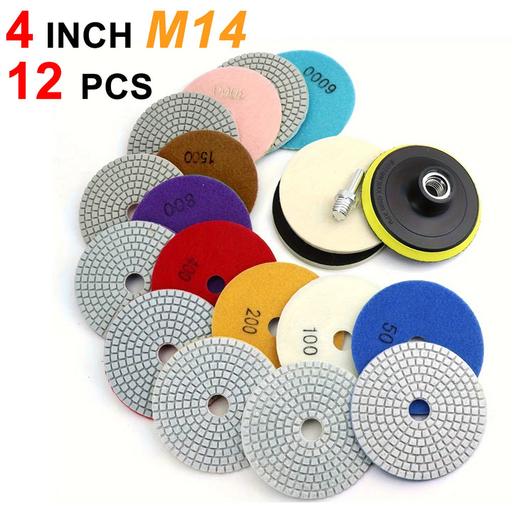 12pcs 4 Inch 100mm  Diamond Polishing Pads with 5/8" 11 Backer Pad Wet/Dry Granite Stone for Concrete Marble Stone