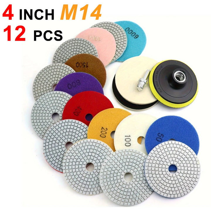 12pcs 4 Inch 100mm  Diamond Polishing Pads with 5/8" 11 Backer Pad Wet/Dry Granite Stone for Concrete Marble Stone