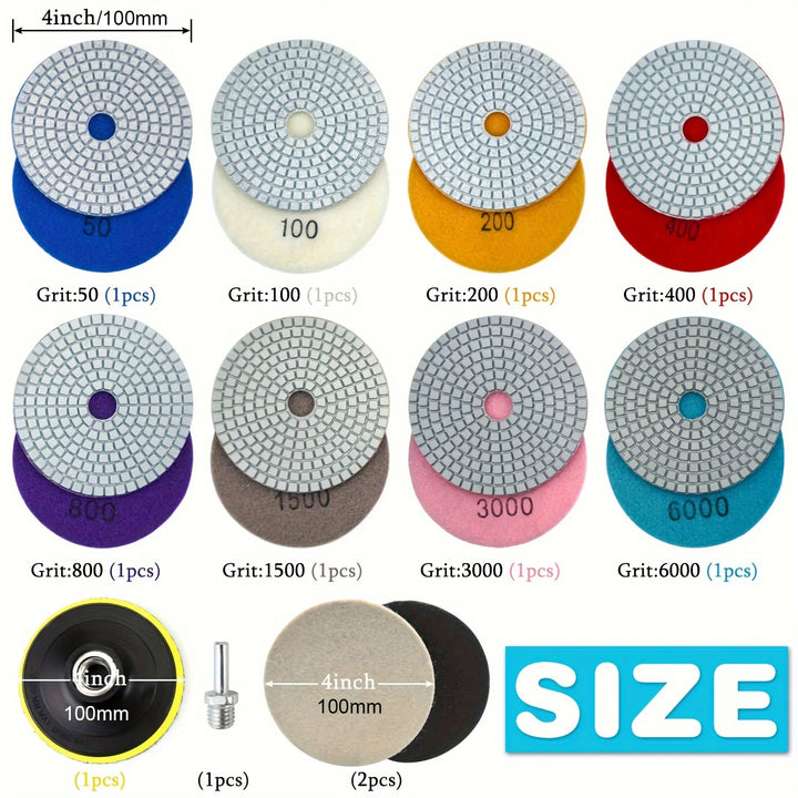 12pcs 4 Inch 100mm  Diamond Polishing Pads with 5/8" 11 Backer Pad Wet/Dry Granite Stone for Concrete Marble Stone