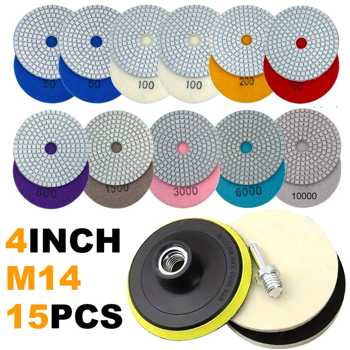 15pcs 100mm 4 Inch Diamond Polishing Pads with M14 Backer Pad Wet/Dry Granite Stone for Concrete Marble Stone