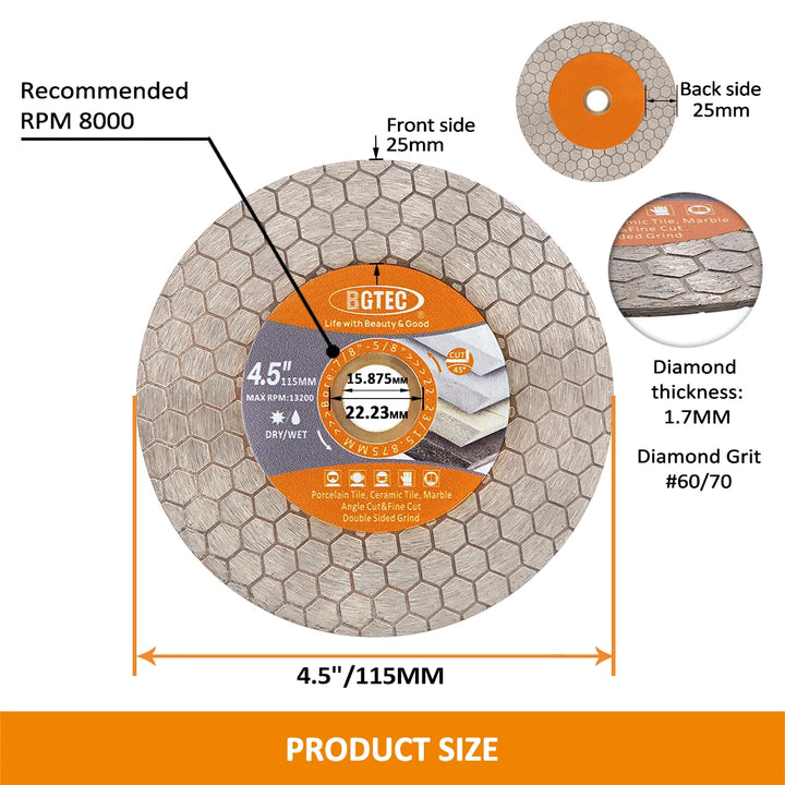 BGTEC 1pc 105/115/125mm Diamond Saw Blade Cutting Disc Porcelain Double-sided Hex Tile Cutter Grinding Marble Granite Plate