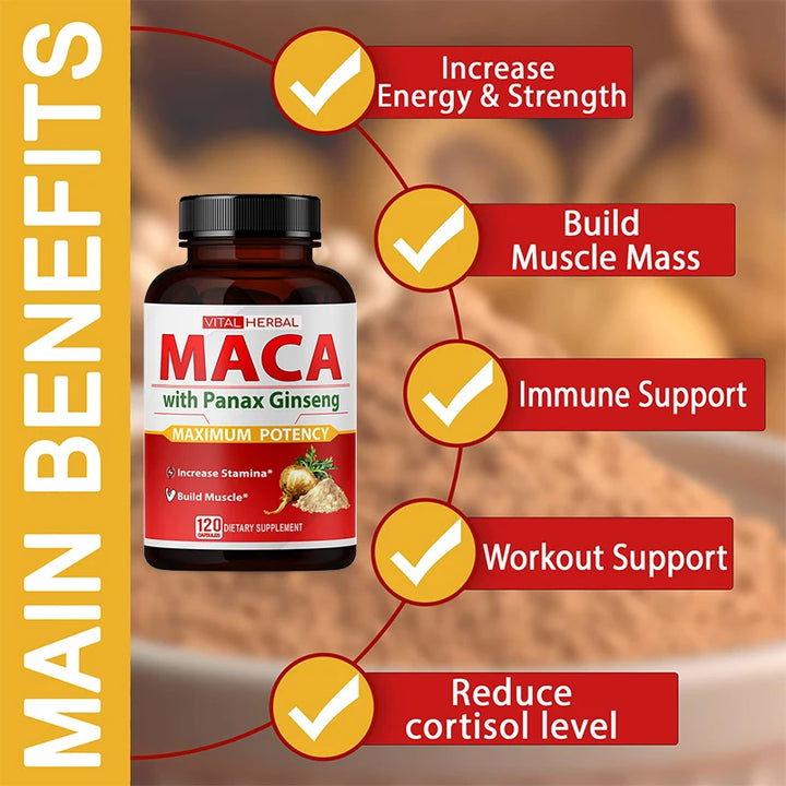 Sports Supplement - Contains Maca, Ginseng Extract Capsules to Burn Fat, Boost Strength, Energy, Performance and Muscle Mass