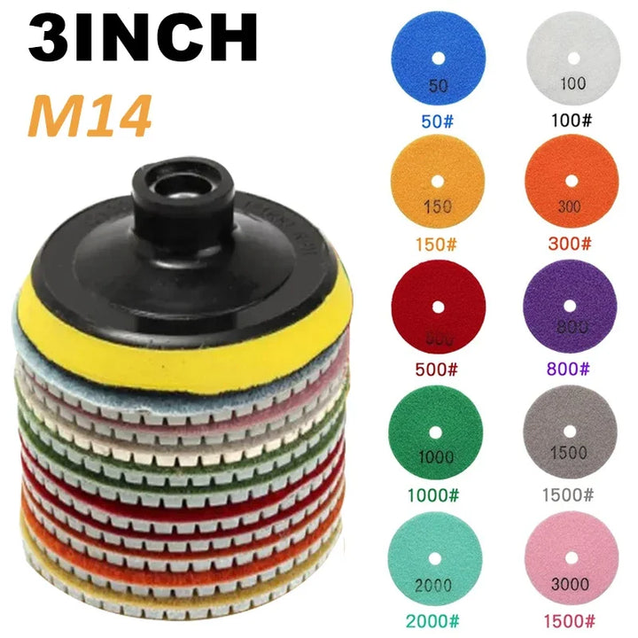11pcs 3 inch 80mm Diamond Polishing Pads Kit Wet/Dry for Granite Stone Concrete Marble Polishing Use Grinding Discs Set
