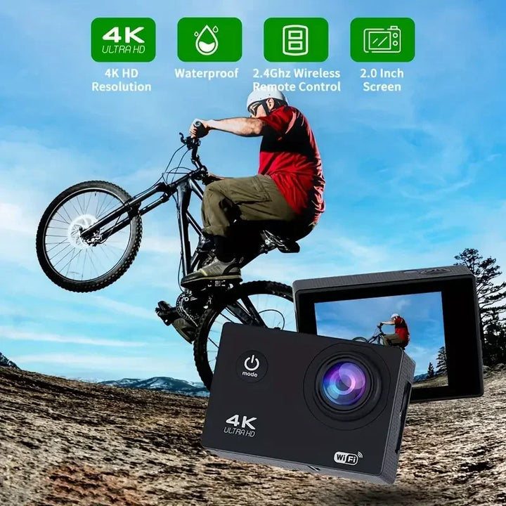 Ultra HD Action Camera with Video Recording, Waterproof Camera, Sports Camera, 4K, 30fps, WiFi, 2.0 ", 170D, Helmet, Underwater