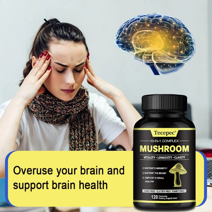 10X Mushroom Supplement - Helps Improve Focus and Memory and Reduce Brain Fog, Relieves Stress, and Increases Energy Levels