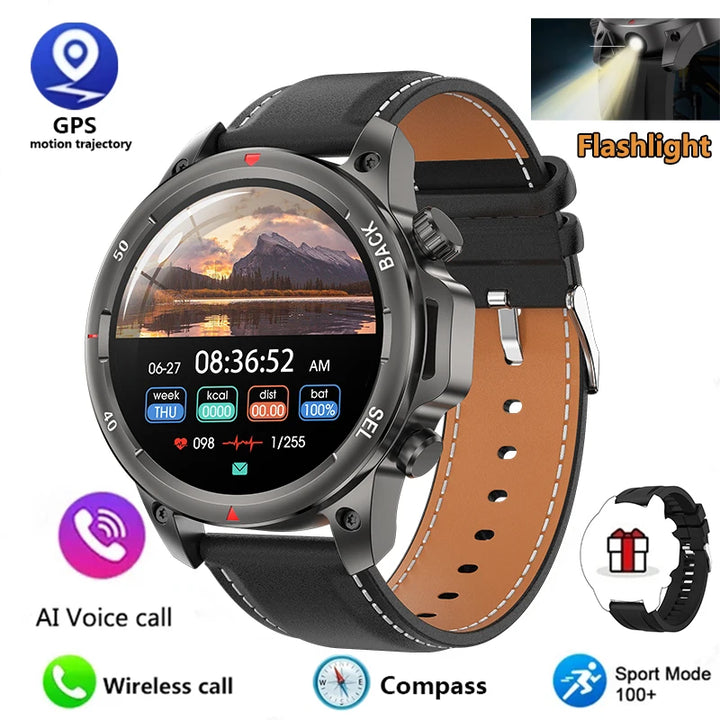 New high-end men's smart Bluetooth call smartwatch IP67 GPS sports fitness 410mAh large battery with flashlight smartwatch 2024
