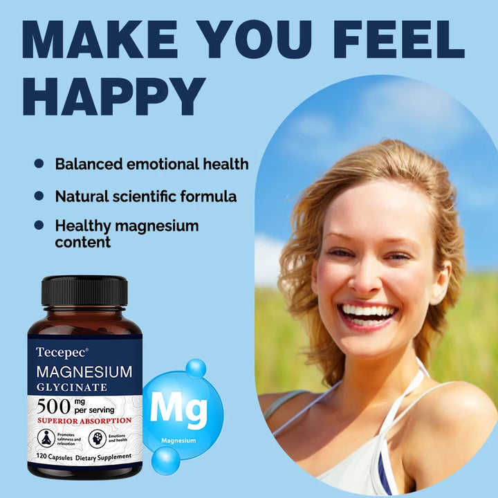 Magnesium Glycinate 500 Mg, 100% Chelated and Purified, for Calm and Relaxation, Emotional Well-being, Non-GMO and Gluten-free