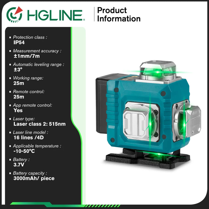 HGLINE 16 Lines 4D Laser Level APP Remote Control Self-Leveling 360° Horizontal Vertical Super Power Green Line Laser Level