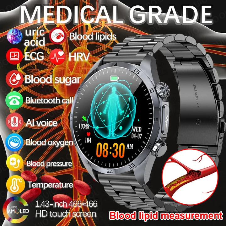New Pulse Physiotherapy Uric Acid Blood Lipids CES Sleep Aid Smart Watch Men ECG Always Show HD Bluetooth Call Health Smartwatch