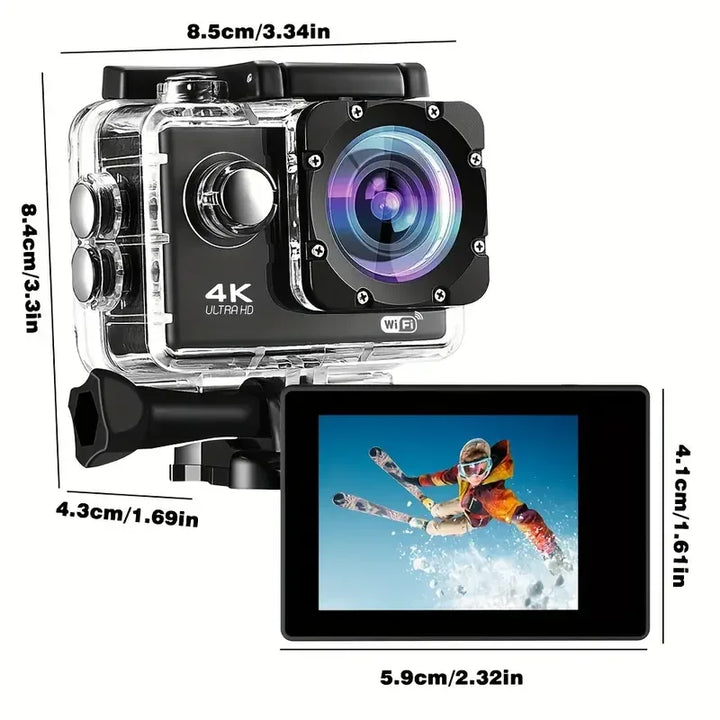 Ultra HD Action Camera with Video Recording, Waterproof Camera, Sports Camera, 4K, 30fps, WiFi, 2.0 ", 170D, Helmet, Underwater