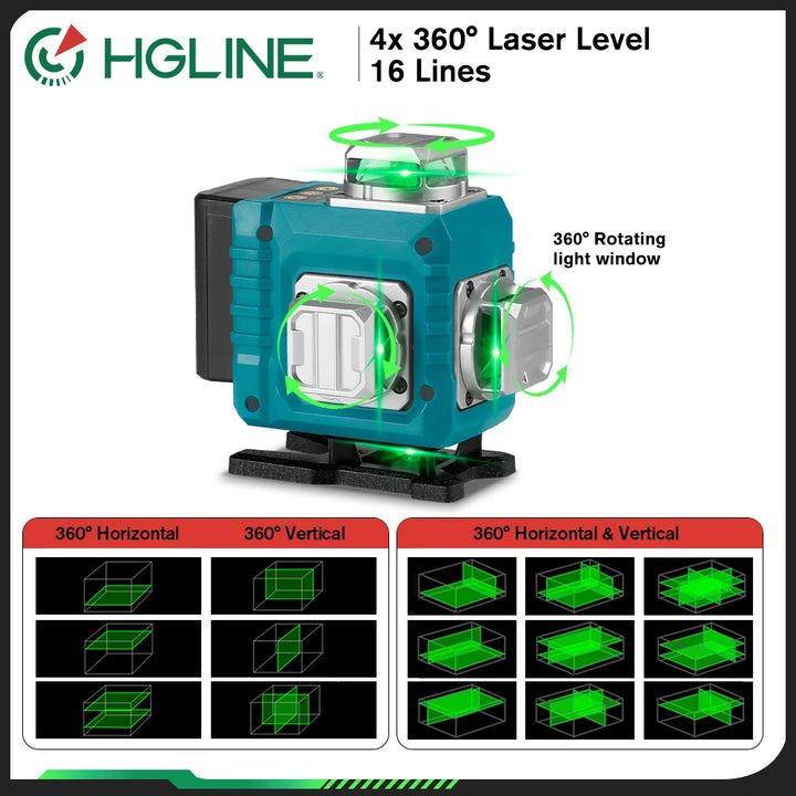 HGLINE 16 Lines 4D Laser Level APP Remote Control Self-Leveling 360° Horizontal Vertical Super Power Green Line Laser Level