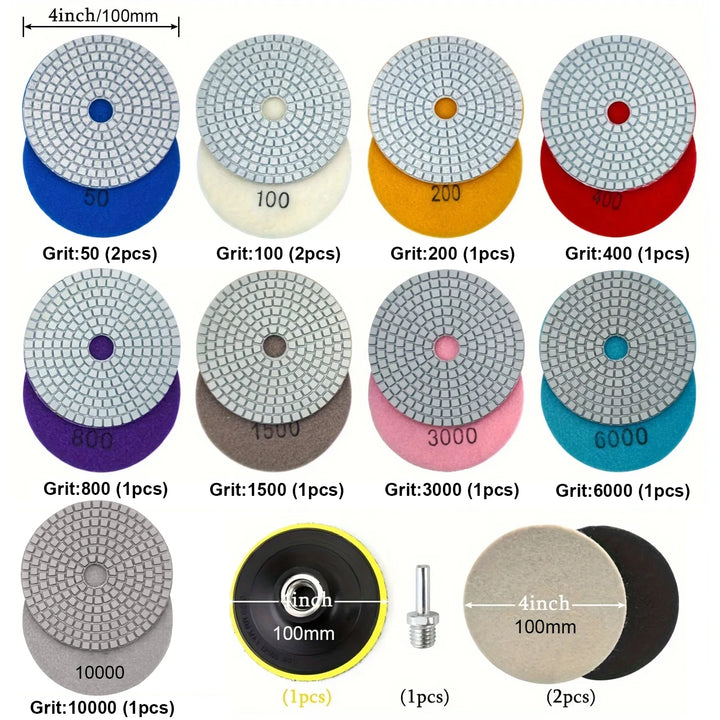 15pcs 100mm 4 Inch Diamond Polishing Pads with M14 Backer Pad Wet/Dry Granite Stone for Concrete Marble Stone