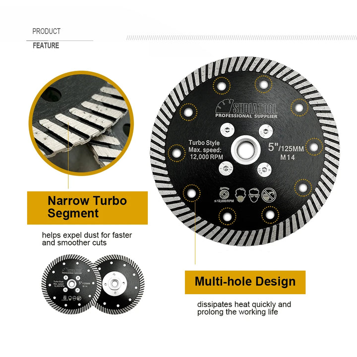 SHDIATOOL 1pc 125mm Diamond Turbo Saw Blade M14 Flange Cutting Disc Granite Marble Hot Pressed 5inch Diamond Cut Plate Masonry