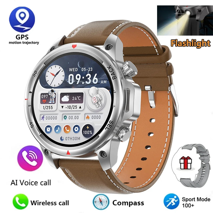 New high-end men's smart Bluetooth call smartwatch IP67 GPS sports fitness 410mAh large battery with flashlight smartwatch 2024
