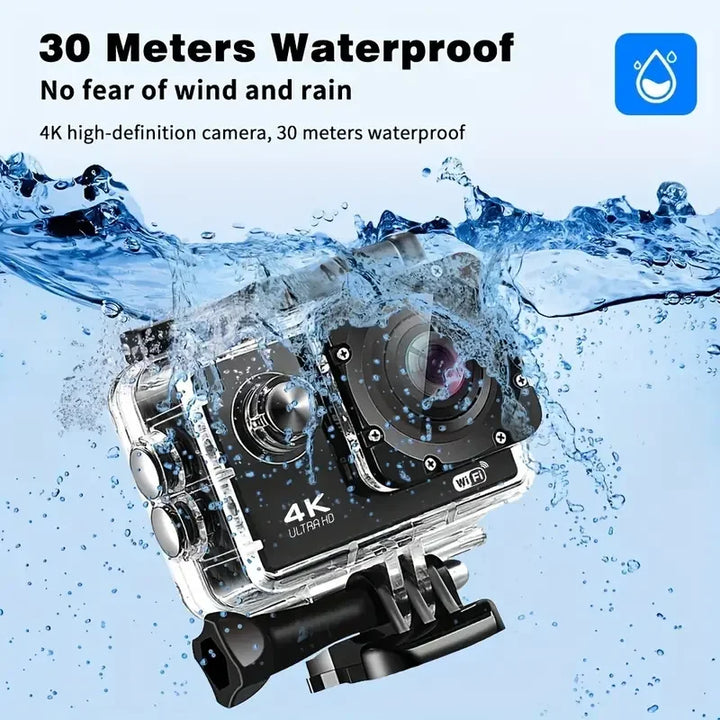 Ultra HD Action Camera with Video Recording, Waterproof Camera, Sports Camera, 4K, 30fps, WiFi, 2.0 ", 170D, Helmet, Underwater