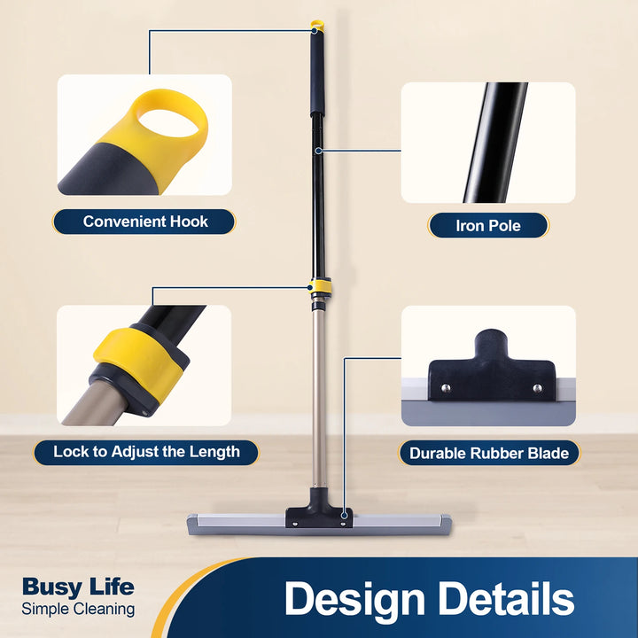 55" Floor Squeegee Scrubber Broom Rubber TPR Blade Telescopic Pole Heavy Duty Household Broom for Marble Glass Tile Cleaning