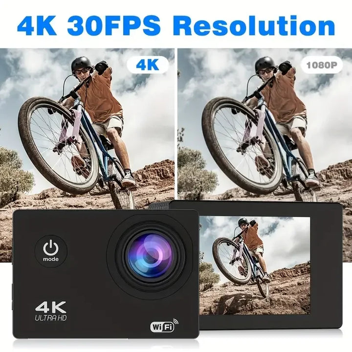 Ultra HD Action Camera with Video Recording, Waterproof Camera, Sports Camera, 4K, 30fps, WiFi, 2.0 ", 170D, Helmet, Underwater