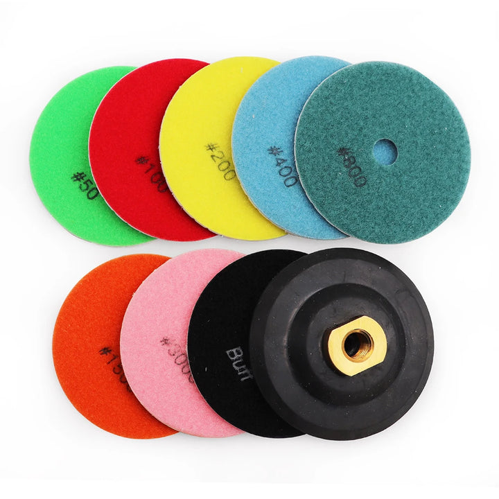 SHDIATOOL 8pcs 100mm Diamond Wet Flexible Polishing Grinding Pads Granite Marble White Resin Bond 4inch Sanding Discs M14 Backer