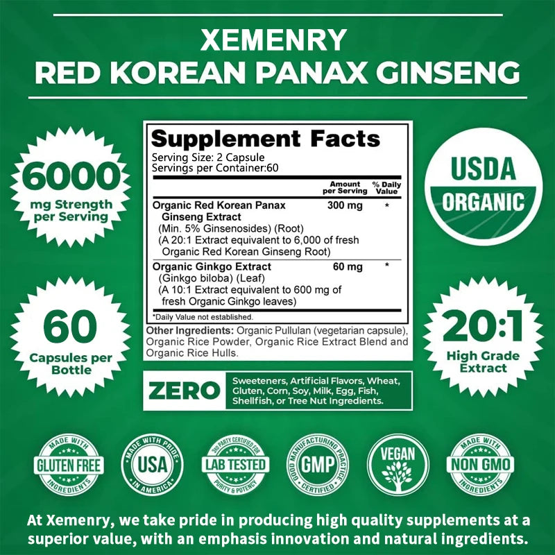 Pure Red Ginseng Extract - Energy Booster Natural Endurance Supplement for Performance, Focus, Vitality and Immune Support