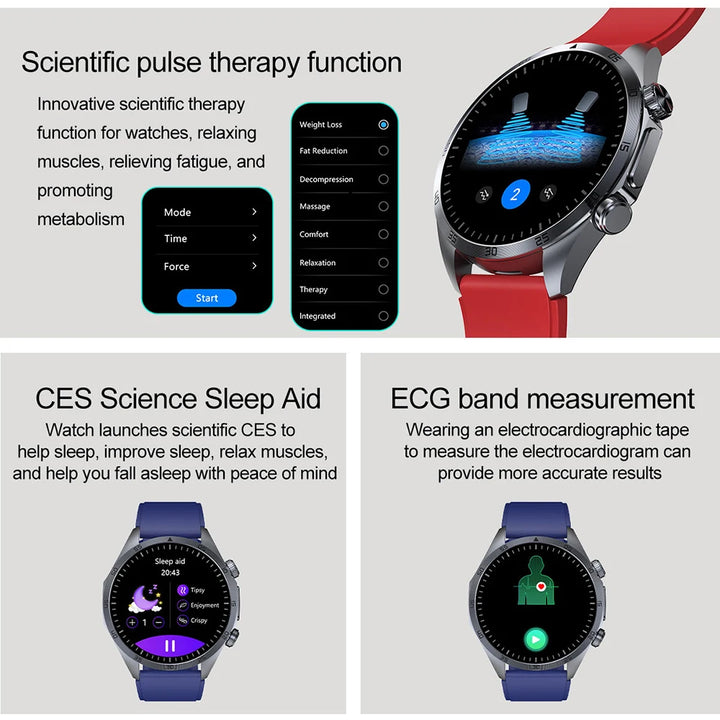 New Pulse Physiotherapy Uric Acid Blood Lipids CES Sleep Aid Smart Watch Men ECG Always Show HD Bluetooth Call Health Smartwatch